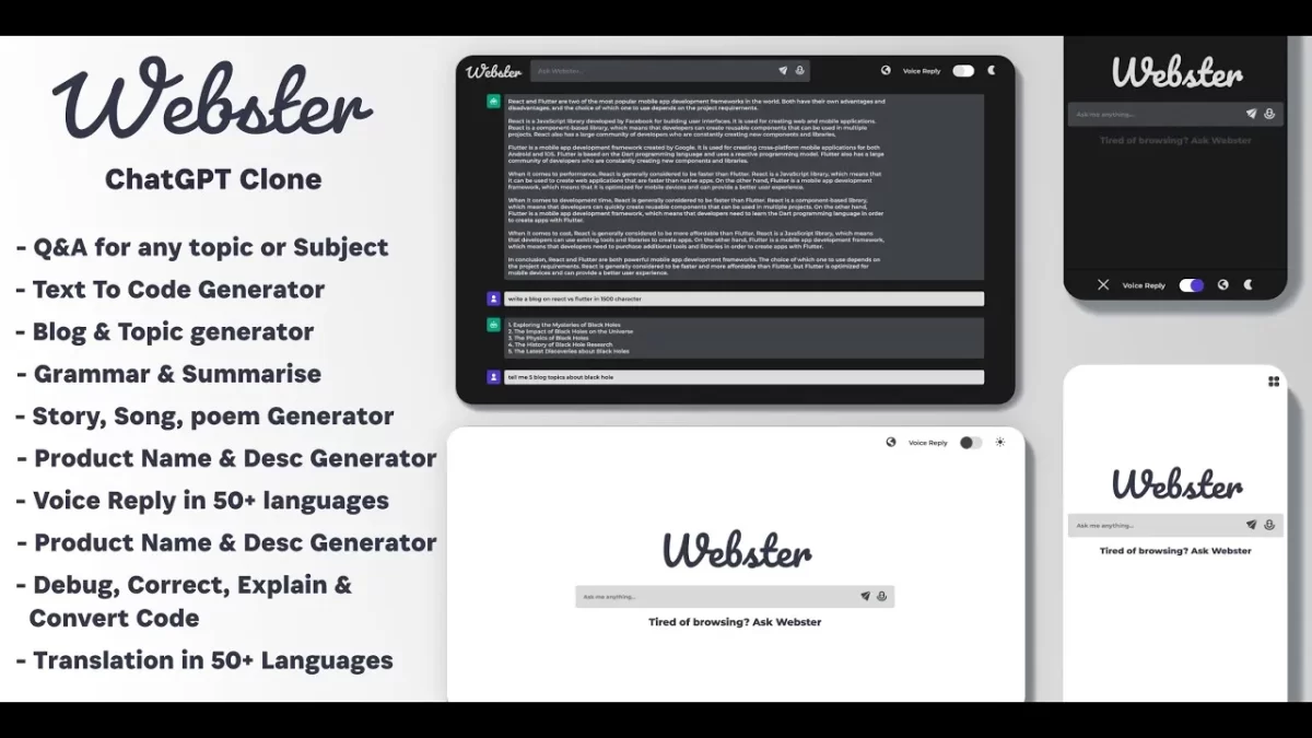 Webster ChatGPT Clone Text to Code Q&A Blog Generator Grammar Summarise Translate SEO Page Builder